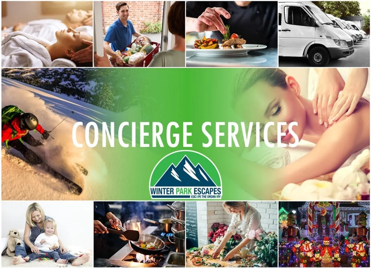 A collage of experiences featuring spa treatments, family activities, catering services, and cooking classes in an upscale, cozy environment. The imagery implies personalized hospitality such as in-home chef-prepared meals and wellness treatments.