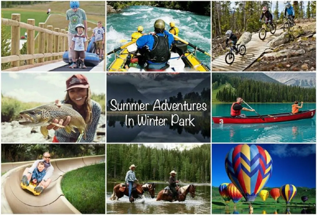 A colorful and dynamic outdoor scene with families kayaking through rapids, biking on trails, fishing, riding horses, and floating in hot air balloons over scenic landscapes. The image is filled with joyful energy, embodying the essence of summer and fall adventures in the Rockies.
